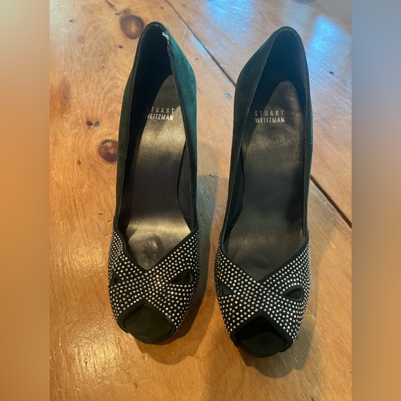 Stuart Weitzman Emerald Green Suede Olen Toed Platform Heels - Picture 3 of 5